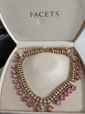 Vintage Pink Crystal and Pearl Collar Necklace - Gold Tone